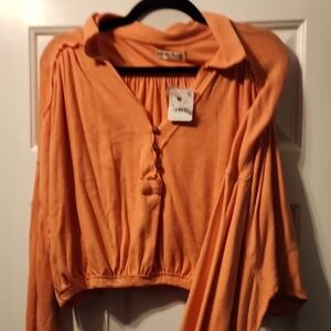 Free People Orange Long Sleeve Crop Button Down Shirt